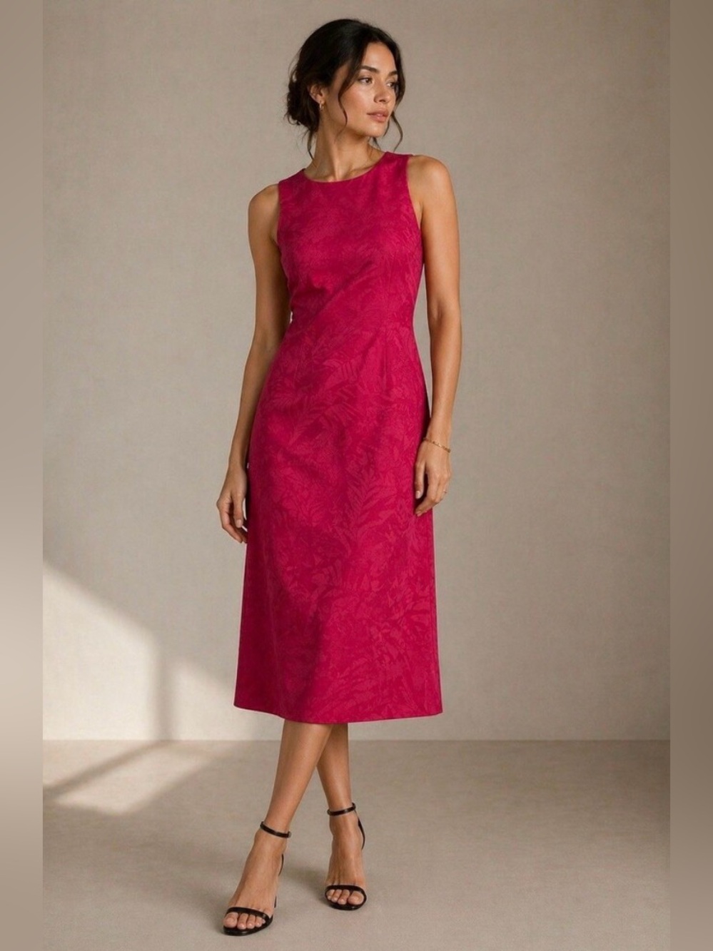 Tommy Bahama Swaying Leaf Jacquard 100% Silk Midi Beet Red Lined Dress Size 12